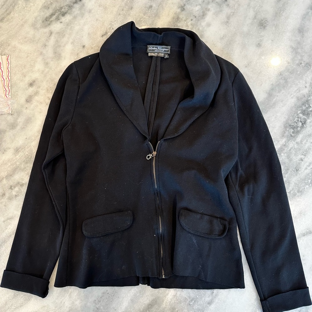Ferragamo Black Front Zip Wool Sweater, Never Worn, Size M
